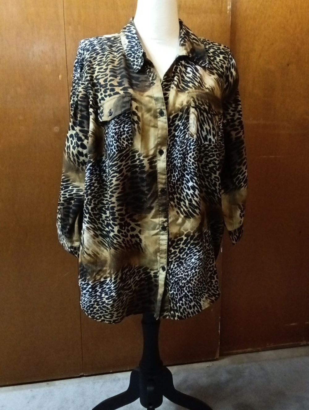 Basic Editions Brown and Black Animal Print Button-Down Shirt